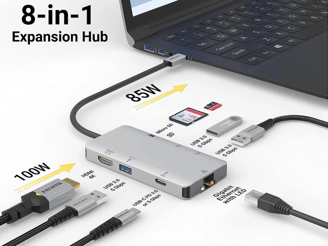 Alt view image 3 of 7 - USB C Hub Docking Station 8 in 1 with 4K HDMI, 1 Gbit Ethernet, 3 USB A 3.0 Ports, 1 USB-C PD/Data, SD/Micro SD for Work and Travel, Compatible with MacBook/Dell/HP/Lenovo/Laptops