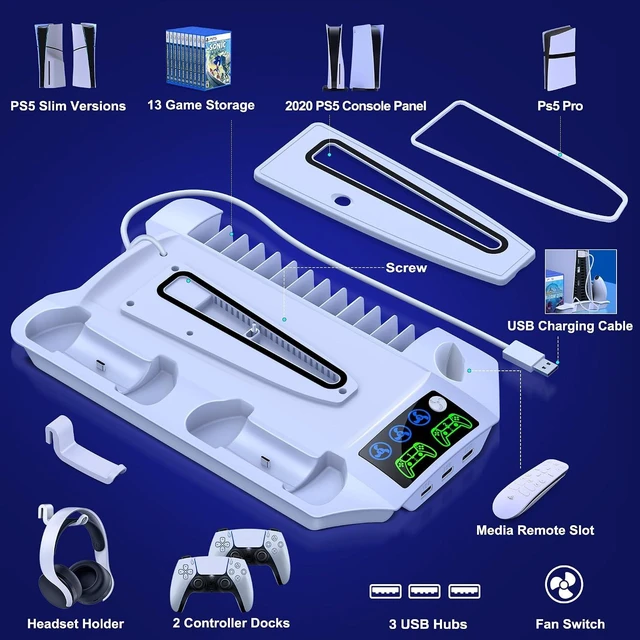 Alt view image 5 of 7 - PS5 Pro/Slim/PS5 Stand and Cooling Station with Controller Charging Station for Playsation 5 Disc Digital Console, PS5 Accessories Incl. 3 Levels Cooling Fan, 13 Game Slots, 3 USB HUB, Headset Holder