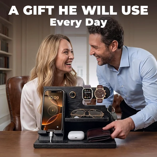 Alt view image 2 of 7 - TESLYAR Wood Phone Docking Station for Men - Desk or Nightstand Organizer - Birthday Gifts for Husband, Dad - Anniversary Idea from Wife - Key Holder, Stand Wallet, Watch & Essentials (Granite Black)