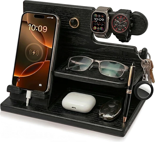 Main image of TESLYAR Wood Phone Docking Station for Men - Desk or Nightstand Organizer - Birthday Gifts for Husband, Dad - Anniversary Idea from Wife - Key Holder, Stand Wallet, Watch & Essentials (Granite Black)