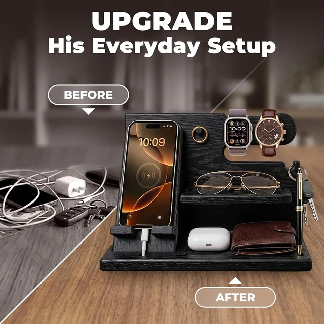 Alt view image 3 of 7 - TESLYAR Wood Phone Docking Station for Men - Desk or Nightstand Organizer - Birthday Gifts for Husband, Dad - Anniversary Idea from Wife - Key Holder, Stand Wallet, Watch & Essentials (Granite Black)