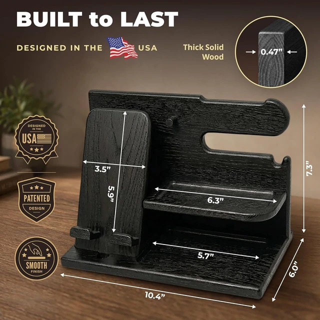 Alt view image 5 of 7 - TESLYAR Wood Phone Docking Station for Men - Desk or Nightstand Organizer - Birthday Gifts for Husband, Dad - Anniversary Idea from Wife - Key Holder, Stand Wallet, Watch & Essentials (Granite Black)