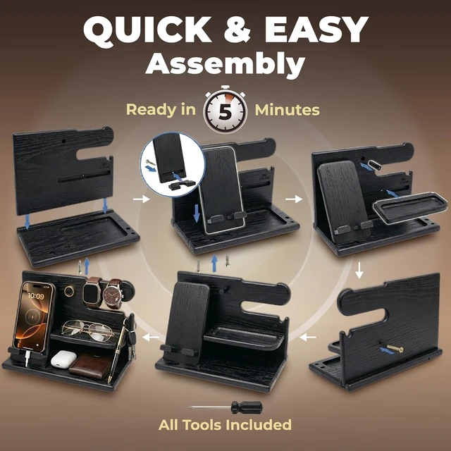 Alt view image 6 of 7 - TESLYAR Wood Phone Docking Station for Men - Desk or Nightstand Organizer - Birthday Gifts for Husband, Dad - Anniversary Idea from Wife - Key Holder, Stand Wallet, Watch & Essentials (Granite Black)