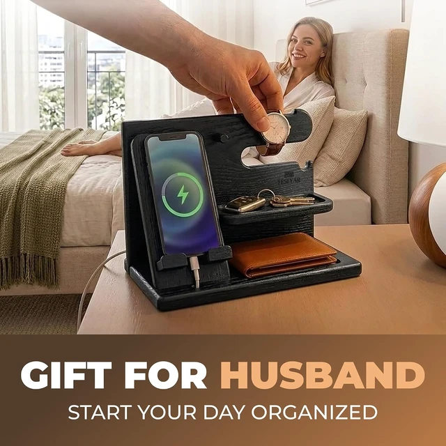 Alt view image 7 of 7 - TESLYAR Wood Phone Docking Station for Men - Desk or Nightstand Organizer - Birthday Gifts for Husband, Dad - Anniversary Idea from Wife - Key Holder, Stand Wallet, Watch & Essentials (Granite Black)