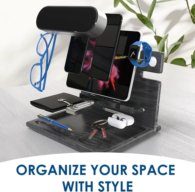 Alt view image 4 of 6 - BarvA Two Phone Docking Station | Night Stand Desk Organizer | Wood Nightstand Organizer | Tablet Smart Watch Earbuds Charging Station | Upgraded Dresser Phone Stand | Bed Room Decor Gifts for Men