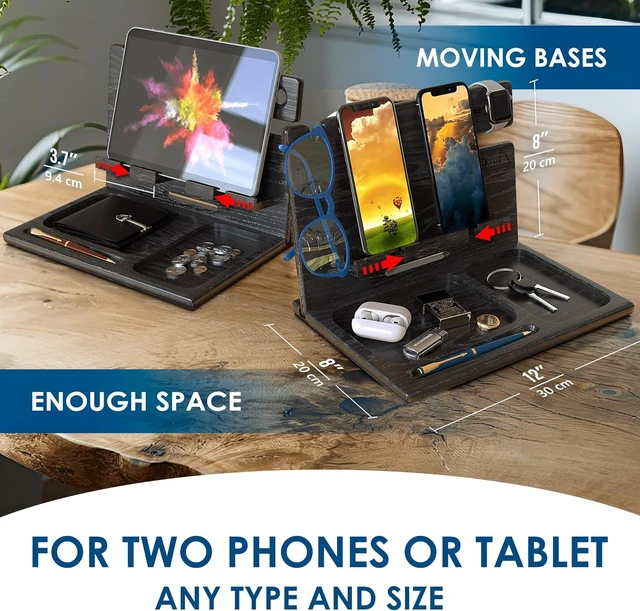 Alt view image 3 of 6 - BarvA Two Phone Docking Station | Night Stand Desk Organizer | Wood Nightstand Organizer | Tablet Smart Watch Earbuds Charging Station | Upgraded Dresser Phone Stand | Bed Room Decor Gifts for Men