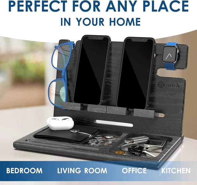 Alt view image 6 of 6 - BarvA Two Phone Docking Station | Night Stand Desk Organizer | Wood Nightstand Organizer | Tablet Smart Watch Earbuds Charging Station | Upgraded Dresser Phone Stand | Bed Room Decor Gifts for Men