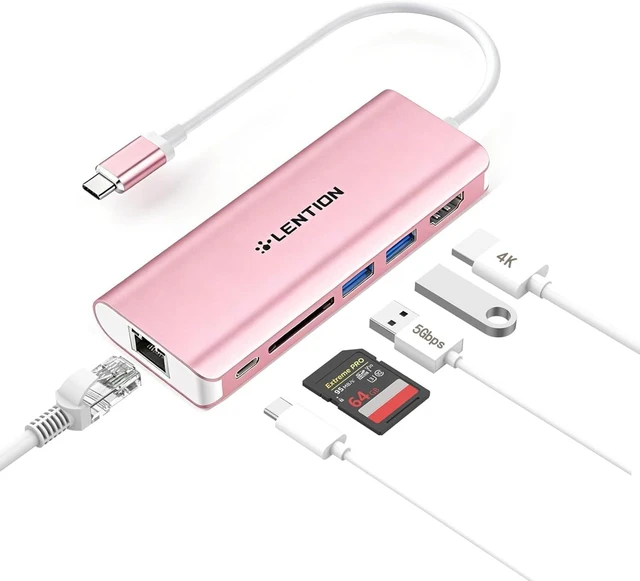 Main image of LENTION 6-in-1 USB-C Hub, 2 USB3.0, 4K@30Hz, Ethernet, Card Reader, 100W PD