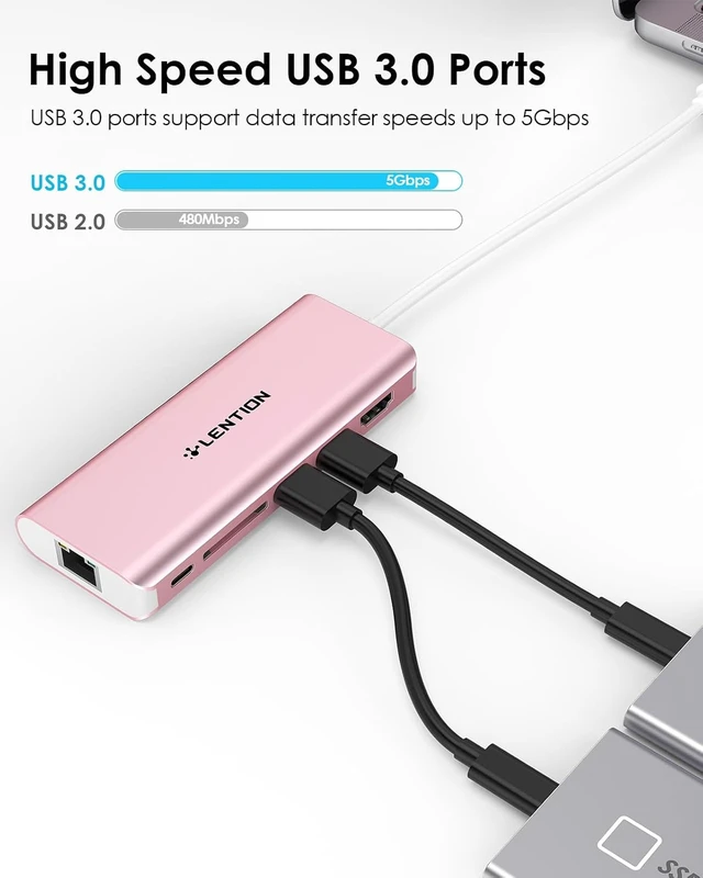 Alt view image 4 of 7 - LENTION 6-in-1 USB-C Hub, 2 USB3.0, 4K@30Hz, Ethernet, Card Reader, 100W PD