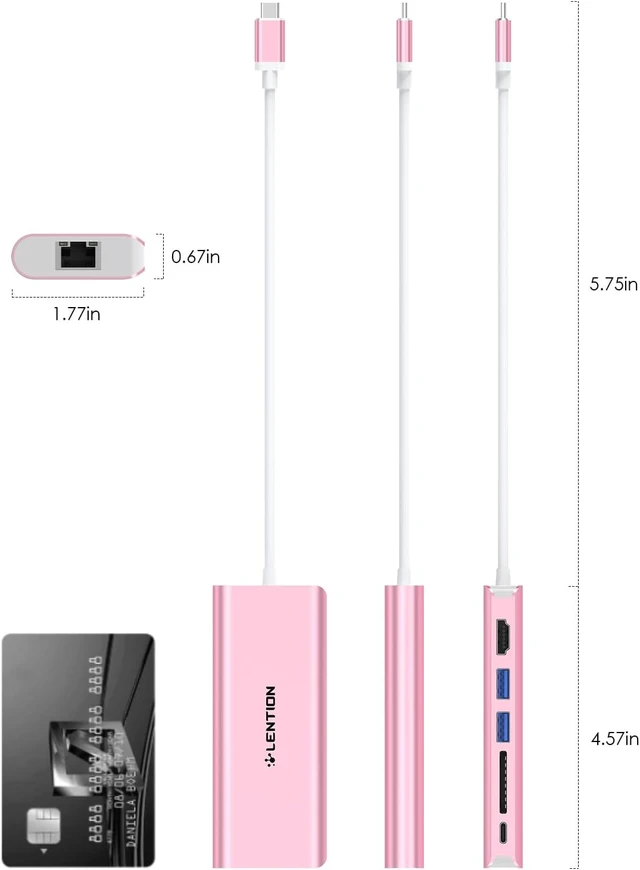 Alt view image 7 of 7 - LENTION 6-in-1 USB-C Hub, 2 USB3.0, 4K@30Hz, Ethernet, Card Reader, 100W PD