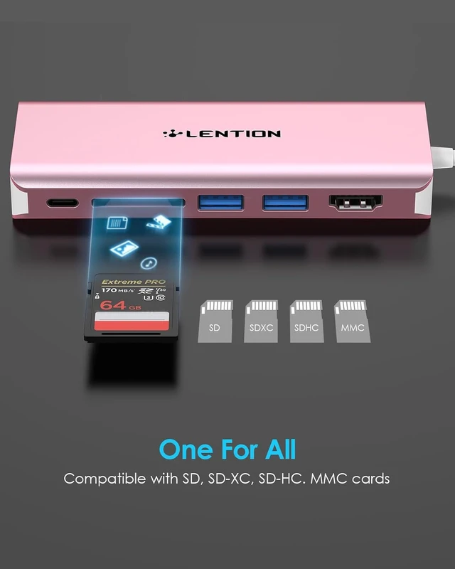 Alt view image 5 of 7 - LENTION 6-in-1 USB-C Hub, 2 USB3.0, 4K@30Hz, Ethernet, Card Reader, 100W PD