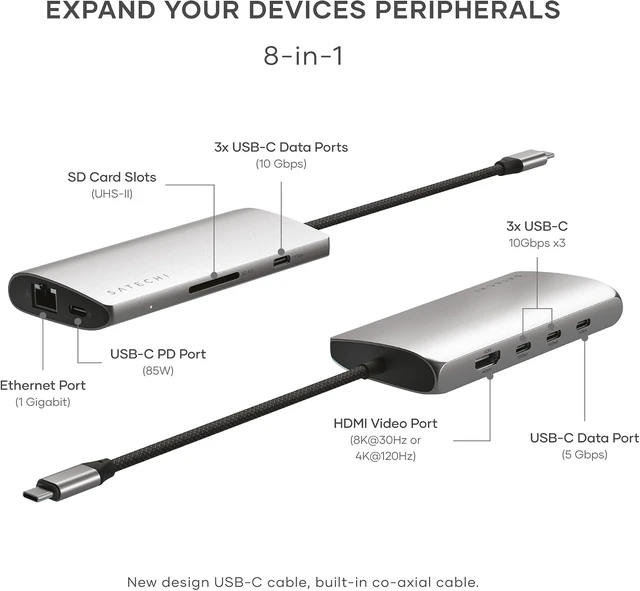 Alt view image 2 of 7 - Satechi 8-in-1 USB-C Hub V3, 8K HDMI, 100W Charging, Ethernet, Space Gray