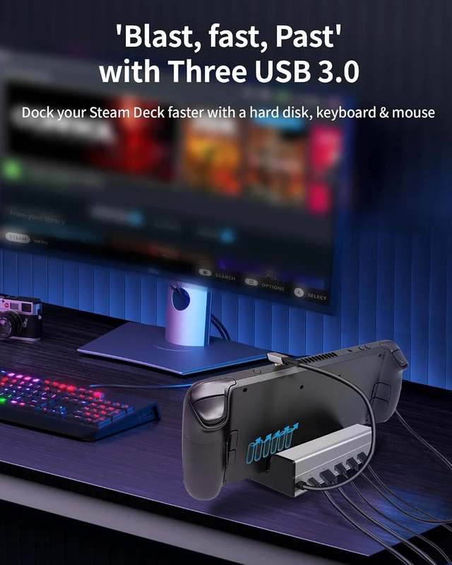 Alt view image 4 of 7 - Docking Station for Steam Deck, 6-in-1 Steam Deck Dock with HDMI 2.0 Supports up to 4K@60Hz, 3 USB-A 3.0 Ports Each 5Gbps, Gigabit Ethernet, 100W USB-C PD3.0 Charging Port, Made for Valve Steam Deck