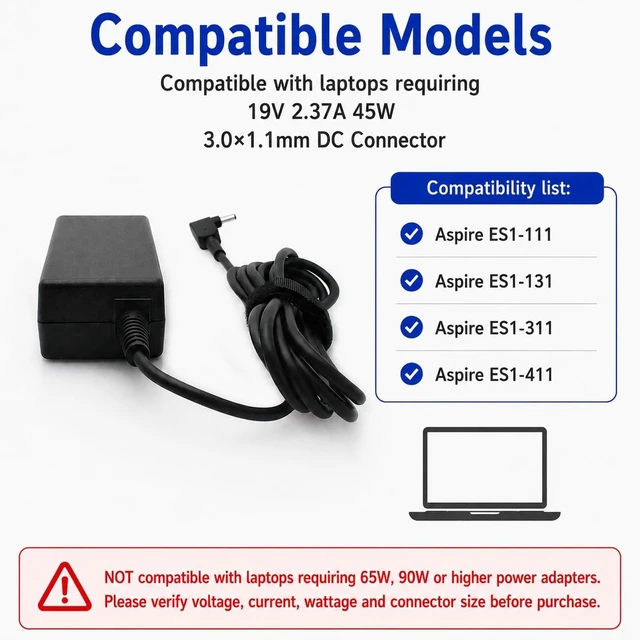 Alt view image 5 of 7 - 45W Laptop Charger for Acer Aspire 1 3 5 N20C5 N23C3 N23H1