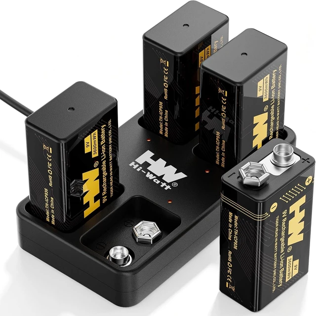 Main image of HW 9V Rechargeable Batteries 3600mWh Lithium 4 Pack with 4-Slot Charger