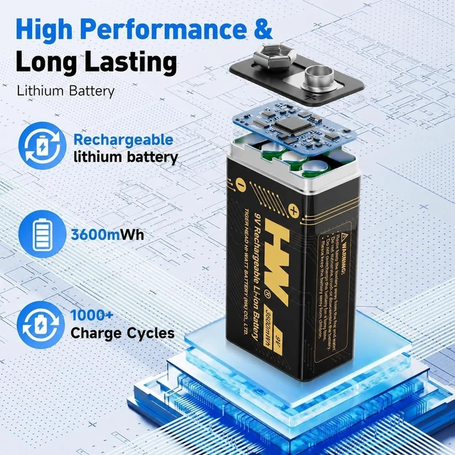Alt view image 2 of 7 - HW 9V Rechargeable Batteries 3600mWh Lithium 4 Pack with 4-Slot Charger