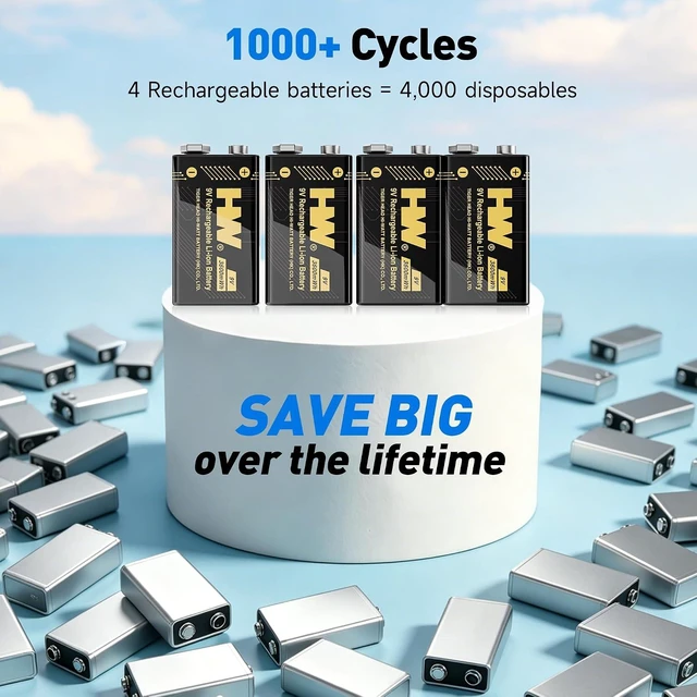 Alt view image 5 of 7 - HW 9V Rechargeable Batteries 3600mWh Lithium 4 Pack with 4-Slot Charger