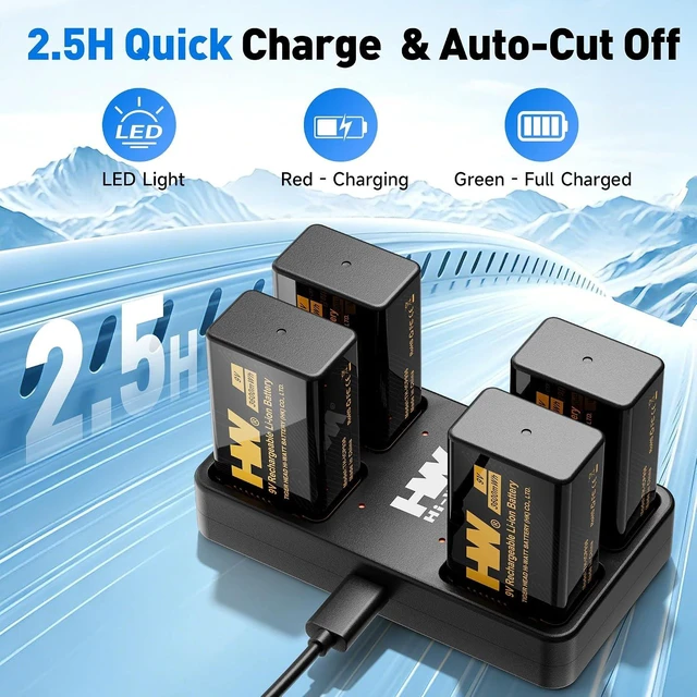 Alt view image 4 of 7 - HW 9V Rechargeable Batteries 3600mWh Lithium 4 Pack with 4-Slot Charger