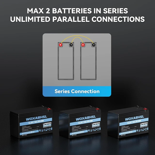 Alt view image 4 of 7 - 12V 7Ah LiFePO4 Battery, Replace 6FM7 SLA Lead Acid Battery, Max 10A Discharge, Max 2 in Series & 4 in Parallel, for Power Wheels, Fish Finder, Solar System, Garage Door Opener, Alarm Backup Power