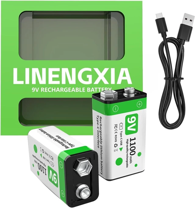 Main image of 9V 1100mAh Lithium Rechargeable Batteries 2-Pack with Type-C Cable