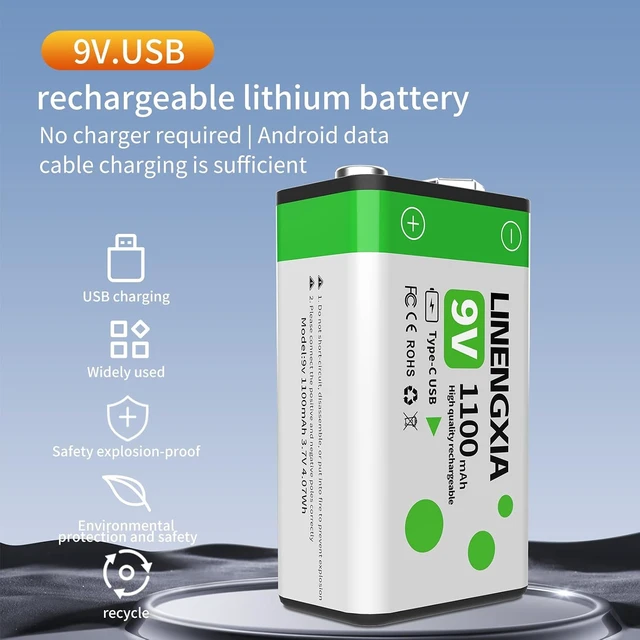 Alt view image 2 of 7 - 9V 1100mAh Lithium Rechargeable Batteries 2-Pack with Type-C Cable