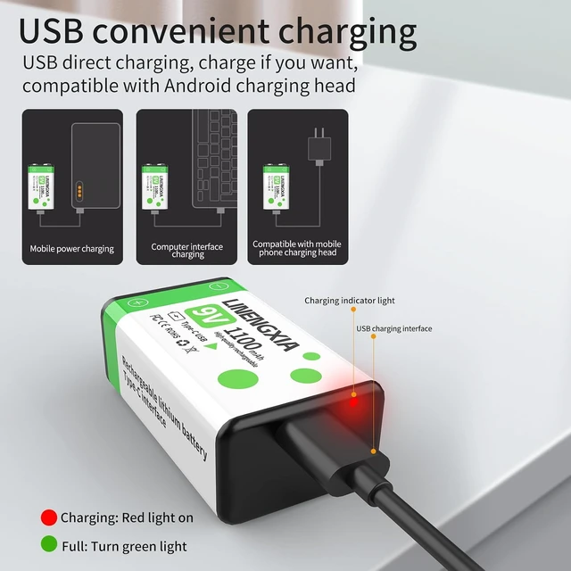 Alt view image 4 of 7 - 9V 1100mAh Lithium Rechargeable Batteries 2-Pack with Type-C Cable
