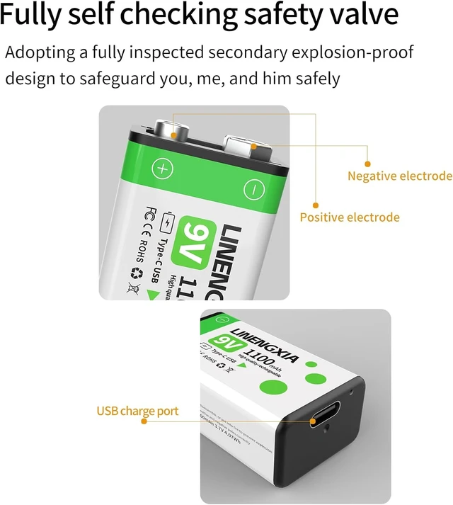 Alt view image 7 of 7 - 9V 1100mAh Lithium Rechargeable Batteries 2-Pack with Type-C Cable