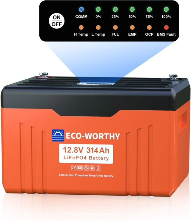 Main image of ECO-WORTHY 12V 314AH LiFePO4 Lithium Battery Bluetooth with SOC LEDs, Low Temp Protection, 4019WH, 200A BMS Up to 15000 Deep Cycle for Off-Grid, RV, Solar Power System, HomeBackup