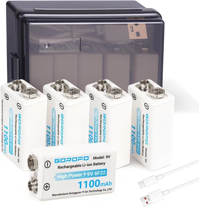 Main image of USB-C Rechargeable 9V Li-ion Batteries (5-Pack) - 2-Hour Quick Charge for Smoke Detectors, Guitar Pedals, Multimeters - Includes 2-in-1 Charging Cable