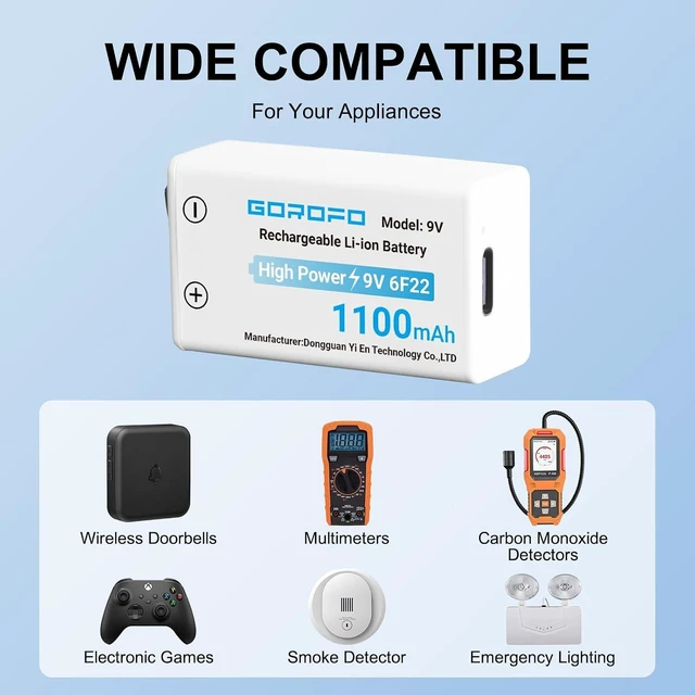 Alt view image 2 of 6 - USB-C Rechargeable 9V Li-ion Batteries (5-Pack) - 2-Hour Quick Charge for Smoke Detectors, Guitar Pedals, Multimeters - Includes 2-in-1 Charging Cable