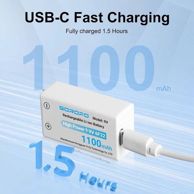 Alt view image 3 of 6 - USB-C Rechargeable 9V Li-ion Batteries (5-Pack) - 2-Hour Quick Charge for Smoke Detectors, Guitar Pedals, Multimeters - Includes 2-in-1 Charging Cable