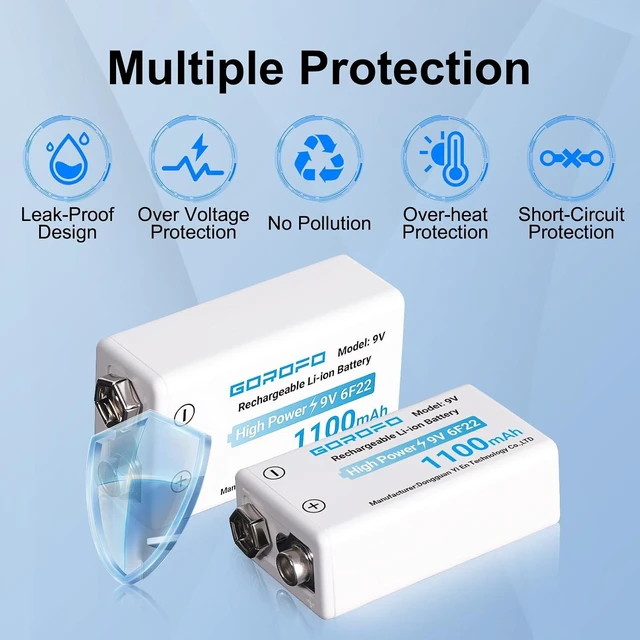 Alt view image 4 of 6 - USB-C Rechargeable 9V Li-ion Batteries (5-Pack) - 2-Hour Quick Charge for Smoke Detectors, Guitar Pedals, Multimeters - Includes 2-in-1 Charging Cable