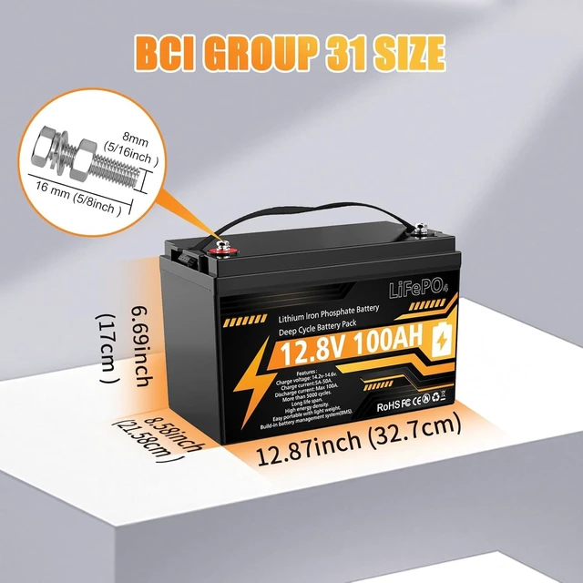 Alt view image 4 of 7 - 12V 100Ah LiFePO4 Lithium Battery Group 31 Deep Cycle for RV Trolling Motor