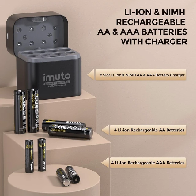 Alt view image 2 of 7 - imuto Rechargeable Batteries 4 AA & 4 AAA Lithium with NiMH/Lithium Charger