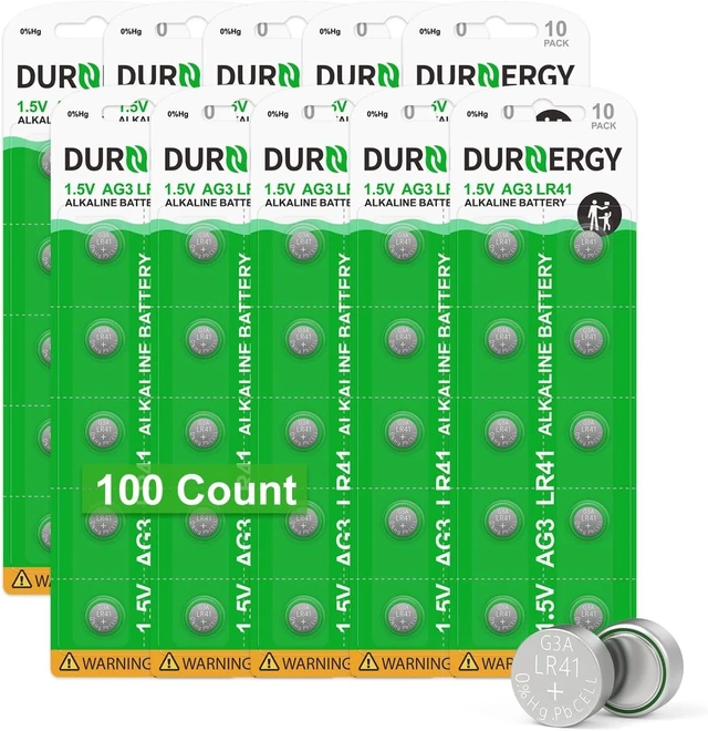 Main image of DURNERGY LR41 Batteries 100 Pack, 384 392 Watch Battery 1.5 Volt Alkaline Batteries, AG3 Button Cell Battery, LR41 Button Batteries Bulk Pack