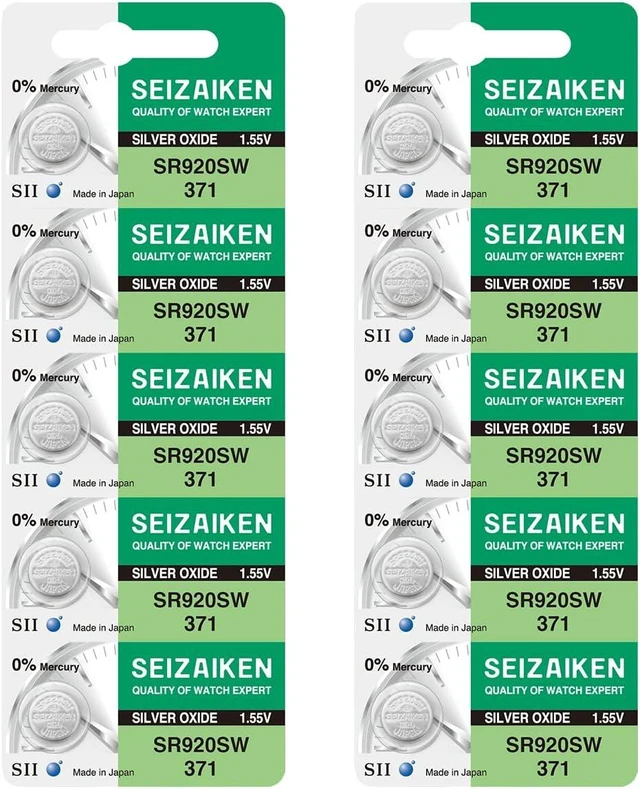 Main image of 371 SR920SW 1.55V 0% Hg Silver Oxide Watch Battery (10 Batteries) Made in Japan by Seiko
