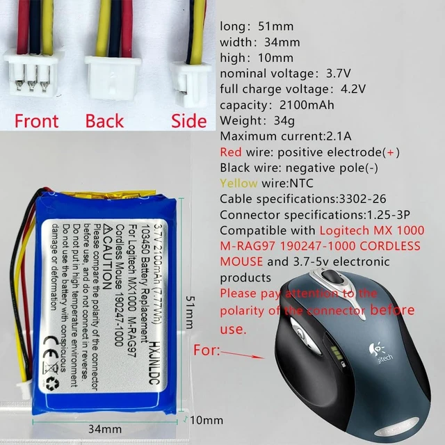 Alt view image 2 of 7 - DC 3.7v 103450 2100mAh Rechargeable Lithium Polymer Battery for Logitech MX1000 MX-1000 M-RAG97 Wireless Bluetooth Mouse 190247-1000, 190247-B000, L-LB2, NTA2253