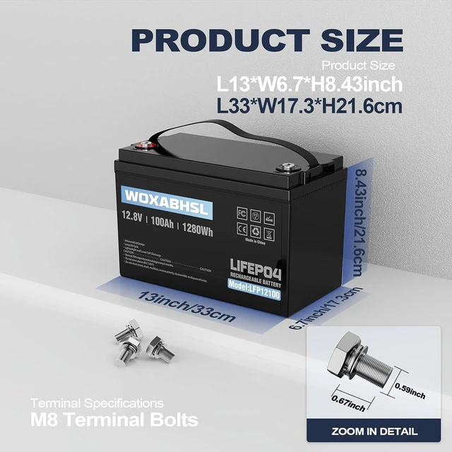 Alt view image 2 of 7 - 2PCS 12V 100Ah LiFePO4 Lithium Battery, Built-in 100A BMS, 15000+ Deep Cycles, Max 1280W Power Output, FCC&UL Certificates, Perfect for RV, Solar, Marine, Off-Grid