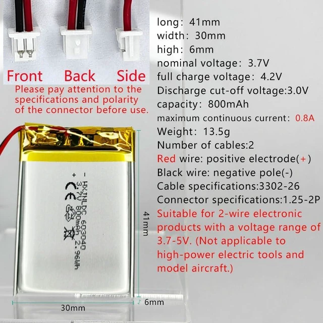Alt view image 2 of 6 - DC 3.7V 800mAh 603040 Rechargeable Lithium Polymer Replacement Battery for DIY 3.7-5V Electronic Products with Built-in 2-Wire Battery Replacement