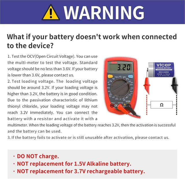 Alt view image 5 of 7 - ER14250 3.6V 1200mAh 1/2 AA Lithium Battery, 6-Pack, Non-Rechargeable
