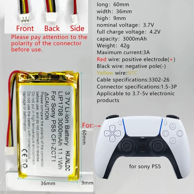 Alt view image 2 of 7 - DC 3.7V 3000mAh LIP1708 Rechargeable Lithium-ion Battery for Sony PlayStation 5 Dualsense PS5 Wireless Controller CFI-ZCT1 W B U Replace Battery Pack