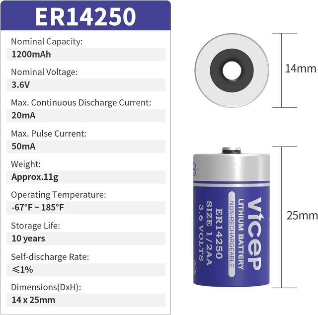 Alt view image 2 of 7 - ER14250 3.6V 1200mAh 1/2 AA Lithium Battery, 6-Pack, Non-Rechargeable