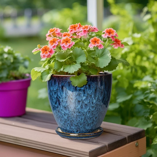 Alt view image 4 of 7 - 6 Inch Plant Pot - Ceramic Pots for Plants with Drainage Hole and Saucer, Ceramic Planters for Indoor Plants Outdoor, Decorative Round Planter, Room Home Decor, Gifts for Plant Lovers, Blue