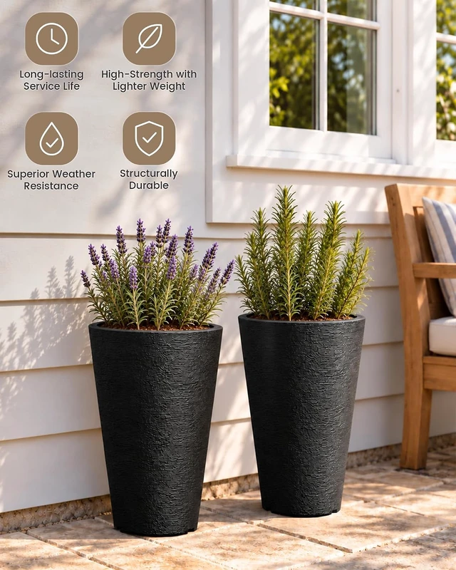 Alt view image 3 of 7 - Kante Set of 2 Black Tapered Planters, 13" Tall with Removable Inner Pots
