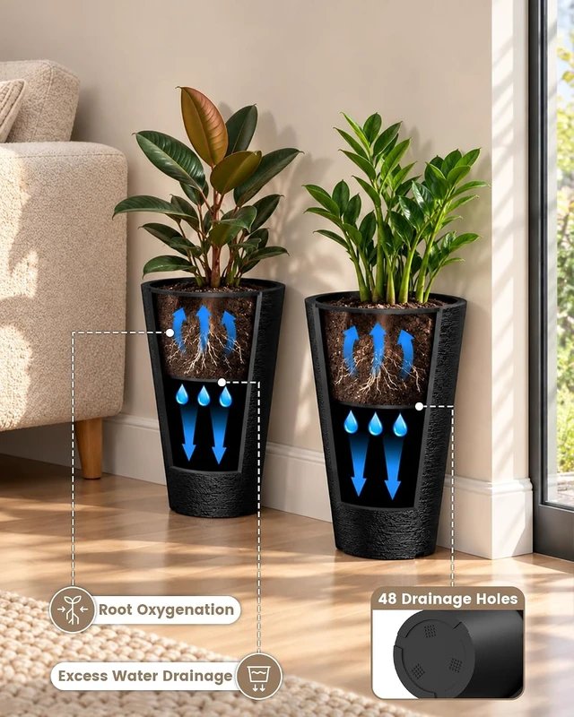 Alt view image 5 of 7 - Kante Set of 2 Black Tapered Planters, 13" Tall with Removable Inner Pots