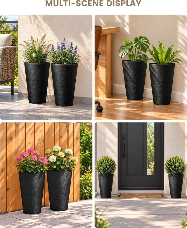 Alt view image 7 of 7 - Kante Set of 2 Black Tapered Planters, 13" Tall with Removable Inner Pots
