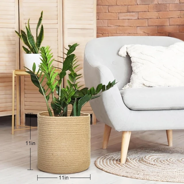 Alt view image 3 of 7 - Woven Jute Plant Basket, Wicker Basket Planter for 10 inch Pot, Round Indoor Tree Pot Cover, Small Boho Storage Bin Organizer, Rustic Baskets for Plants and Home Decor, 11X11