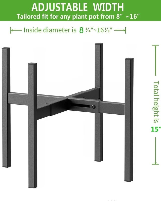 Alt view image 3 of 6 - Metal Plant Stand, Adjustable Size Fits 10 12 13 14 15 16 Inches Large Planter Pot,Mid Century Expandable Plant Holder Indoor Outdoor Corner (HeavyBlack, Fits all pots between 8" and 16")