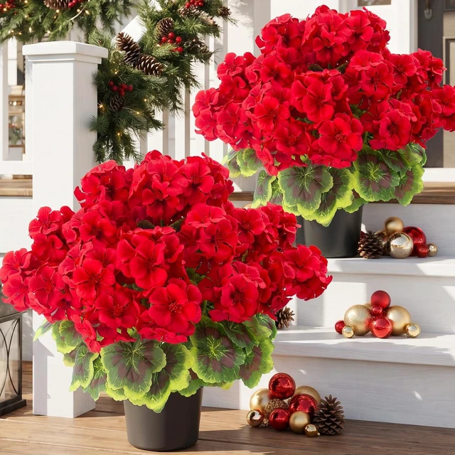 Main image of Lovemoon 2pcs Potted Red Geraniums Artificial Outdoor Flowers for Christmas