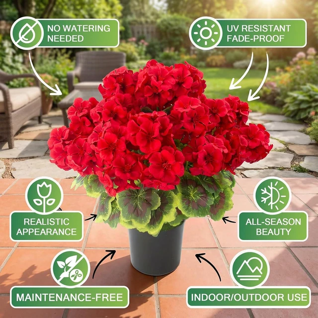 Alt view image 4 of 7 - Lovemoon 2pcs Potted Red Geraniums Artificial Outdoor Flowers for Christmas